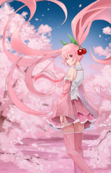 Rule 34 | 1girl, absurdres, bare shoulders, cherry blossoms, cherry hair ornament, commentary, detached sleeves, expressionless, feet out of frame, floating hair, food-themed hair ornament, from side, hair ornament, hatsune miku, highres, looking to the side, miniskirt, necktie, outdoors, pink eyes, pink hair, pink necktie, pink skirt, pink sleeves, pink theme, pink thighhighs, pleated skirt, sakura miku, shirt, shoulder tattoo, skirt, sleeveless, sleeveless shirt, solo, sorazee12, standing, tattoo, thighhighs, tree, twintails, vocaloid, white shirt, zettai ryouiki