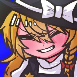 Rule 34 | 1girl, black hat, black vest, blonde hair, blue background, blush, bow, braid, cookie (touhou), grin, hair bow, hat, hat bow, highres, kirisame marisa, long hair, looking at viewer, one eye closed, red bow, red eyes, side braid, simple background, single braid, smile, solo, suzu (cookie), sznkrs, touhou, unusually open eyes, upper body, vest, white bow, witch hat