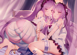 Rule 34 | 2girls, anklet, armlet, ass, bare shoulders, bed, blush, bracelet, breasts, choker, collarbone, curtains, dress, euryale (fate), euryale (third ascension) (fate), fate/grand order, fate/hollow ataraxia, fate (series), frilled hairband, frills, hairband, highres, holding hands, jewelry, long hair, looking at viewer, m-da s-tarou, multiple girls, neck ring, on bed, open mouth, orange eyes, parted bangs, parted lips, pillow, purple hair, ring, siblings, sidelocks, sisters, sitting, slit pupils, small breasts, smile, stheno (fate), stheno (third ascension) (fate), thighlet, twintails, very long hair, white dress