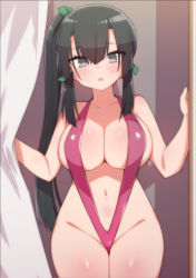 Rule 34 | 1girl, black hair, breasts, collarbone, commission, cowboy shot, green ribbon, grey eyes, hair between eyes, hair ribbon, large breasts, long hair, navel, one-piece swimsuit, original, pixiv commission, red one-piece swimsuit, ribbon, side ponytail, sidelocks, slingshot swimsuit, solo, standing, stroma, swimsuit