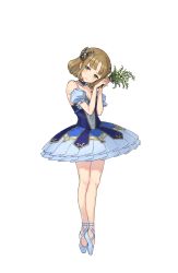 Rule 34 | 1girl, bare shoulders, blue skirt, brown hair, detached sleeves, flower, full body, green eyes, hair flower, hair ornament, hands up, head tilt, highres, holding, holding flower, lily of the valley, looking at viewer, maria florence, official art, princess principal, princess principal game of mission, puffy short sleeves, puffy sleeves, short hair, short sleeves, skirt, solo, standing, tiptoes, transparent background