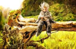 Rule 34 | 1boy, belafu, belafu (human), book, burn scar, cloak, day, fallen tree, full body, grey eyes, holding, holding book, made in abyss, male focus, moomin, nature, outdoors, pants, pumichi, reading, scar, scar on face, sitting, snufkin, solo, spiked hair, white hair, wide shot
