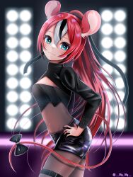 Rule 34 | 1girl, :3, animal ears, bandeau, black bandeau, black hair, black nails, black ribbon, black shorts, blackberry baelz, blue eyes, bodystocking, bow, breasts, hair ribbon, hakos baelz, hand on own hip, high ponytail, highres, hololive, hololive english, lily lily, long hair, looking at viewer, medium breasts, mouse ears, mouse girl, mouse tail, multicolored hair, nail polish, ponytail, ribbon, short shorts, shorts, shrug (clothing), smile, solo, streaked hair, tail, tail bow, tail ornament, thigh strap, virtual youtuber, white hair