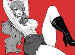Rule 34 | 1girl, absurdres, arms up, bb (baalbuddy), black footwear, boots, bow, bowtie, breasts, greyscale with colored background, hair between eyes, high heel boots, high heels, highres, kirijou mitsuru, large breasts, long hair, persona, persona 3, persona 3 reload, persona 4: the ultimate in mayonaka arena, red background, shirt, simple background, skirt, thighs, white shirt