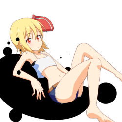 Rule 34 | 1girl, alternate costume, ass, bare arms, bare legs, bare shoulders, barefoot, belt, blonde hair, casual, cato (monocatienus), contemporary, crop top, darkness, flat chest, hair ribbon, legs, looking at viewer, midriff, navel, red eyes, ribbon, rumia, short shorts, shorts, sitting, solo, team shanghai alice, touhou