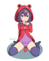 Rule 34 | 1girl, alternate color, animal ears, animal hood, black hair, black thighhighs, blue eyes, boots, coat, finger to mouth, frog hood, frog raincoat, hood, looking at viewer, medium hair, one-piece swimsuit, open mouth, original, purple one-piece swimsuit, raincoat, red coat, rubber boots, sasaame, shiny clothes, sitting, solo, spread legs, swimsuit, thighhighs, thighs, wariza, white background