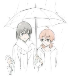 Rule 34 | 2girls, ahoge, black hair, blue eyes, brown eyes, closed mouth, coat, commentary request, hand on another&#039;s arm, holding, holding umbrella, jacket, koito yuu, long hair, looking at another, multiple girls, nanami touko, nyamo, open clothes, open jacket, orange hair, outdoors, partially colored, rain, scarf, shirt, short twintails, smile, twintails, umbrella, yagate kimi ni naru