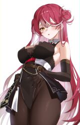 Rule 34 | 1girl, absurdres, black gloves, blush, bodystocking, breasts, cleavage, covered navel, gloves, hair bun, heterochromia, highres, hololive, houshou marine, houshou marine (marching band), jjetotwt, large breasts, leotard, long hair, multicolored hair, official alternate hair length, official alternate hairstyle, open mouth, pantyhose, pink hair, red eyes, red hair, see-through, see-through cleavage, solo, streaked hair, very long hair, virtual youtuber, yellow eyes