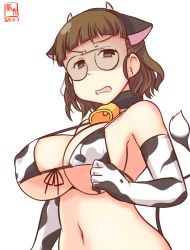 Rule 34 | 1girl, alternate costume, animal ears, animal print, artist logo, bell, bikini, blunt bangs, breasts, brown eyes, brown hair, commentary request, cow ears, cow horns, cow print, cow tail, cowbell, dated, elbow gloves, eyewear strap, fake animal ears, fake horns, front-tie top, glasses, gloves, horns, kanon (kurogane knights), kantai collection, large breasts, looking at viewer, one-hour drawing challenge, pince-nez, roma (kancolle), shaded face, simple background, solo, swimsuit, tail, upper body, wavy hair, white background, white bikini, white gloves