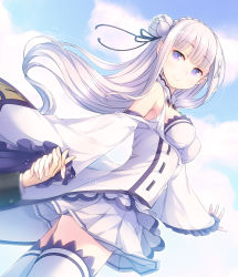 Rule 34 | 10s, 1girl, bare shoulders, black ribbon, blunt bangs, blush, braid, breasts, clothing cutout, cloud, cloudy sky, commentary request, cowboy shot, crown braid, day, detached collar, dress, dutch angle, emilia (re:zero), flower, foreshortening, frilled sleeves, frills, from below, hair flower, hair ornament, hair ribbon, highres, holding hands, long hair, long sleeves, looking at viewer, matsuuni, medium breasts, natsuki subaru, out of frame, outdoors, outstretched arm, pointy ears, purple eyes, re:zero kara hajimeru isekai seikatsu, ribbon, shoulder cutout, silver hair, sky, solo focus, standing, thighhighs, white dress, white thighhighs, wide sleeves, x hair ornament, zettai ryouiki