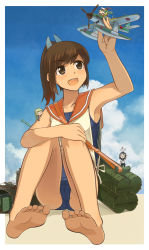 Rule 34 | 10s, 25mm triple autocannon mount, 4girls, :d, aichi m6a seiran, aircraft, airplane, animal, animal on head, arm up, armpits, bad id, bad pixiv id, barefoot, bird, bird on head, brown eyes, brown hair, cameltoe, chick, fairy (kancolle), feet, hand on own knee, highres, i-400-class-submarine, i-401, i-401 (kancolle), kantai collection, kazumania, mini person, minigirl, mother ship, multiple girls, on head, open mouth, parasite aircraft, personification, ponytail, school swimsuit, school uniform, seaplane, seiran (kancolle), short hair, sitting, smile, soles, submarine, submarine aircraft carrier, swimsuit, swimsuit under clothes, toes, watercraft