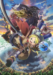 Rule 34 | 1boy, 1girl, black cape, blonde hair, blue hair, brown hair, cape, dark-skinned male, dark skin, glasses, gloves, green eyes, helmet, highres, key visual, long hair, lyza (made in abyss), made in abyss, maruruk, official art, ozen, promotional art, regu (made in abyss), riko (made in abyss), short hair, short sleeves, thighs, torn clothes, twintails, whistle