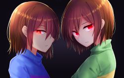 Rule 34 | 2others, black background, blue sweater, brown eyes, brown hair, chara (undertale), commentary request, dark background, frisk (undertale), green sweater, highres, looking at viewer, multiple others, red eyes, shirt, sparkling eyes, spoilers, star (symbol), striped clothes, striped shirt, striped sweater, sweater, symbol-shaped pupils, turtleneck, turtleneck sweater, undertale, yuupontan.