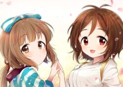 2girls antenna_hair blue_kimono blue_ribbon blunt_bangs blurry blush bow breasts brown_eyes brown_hair depth_of_field domyoji_karin dot_nose falling_petals from_side gradient_background hair_bow hair_ribbon hand_on_another&#039;s_hand idolmaster idolmaster_cinderella_girls idolmaster_cinderella_girls_starlight_stage japanese_clothes kimono long_hair long_sleeves looking_at_viewer medium_breasts messy_hair multiple_girls oonishi_nishio open_mouth petals ponytail red_bow red_eyes ribbon short_hair small_breasts smile striped_clothes striped_kimono tasuki upper_body very_long_hair white_kimono yorita_yoshino
