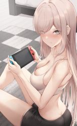 Rule 34 | 1girl, black shorts, blue eyes, blush, breasts, cleavage, closed mouth, crop top, from above, grey hair, hair over one eye, highres, kisaki oni, large breasts, long hair, looking at viewer, mole, mole under eye, nintendo switch, original, pout, short shorts, shorts, sitting, tank top, tears, white tank top