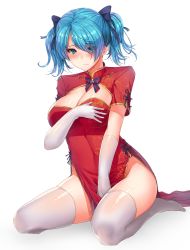 Rule 34 | 1girl, alternate costume, black bow, blue eyes, blue hair, blush, bow, breasts, china dress, chinese clothes, cleavage, closed mouth, covered navel, dress, elbow gloves, full body, gloves, hair bow, hair over one eye, highres, large breasts, looking at viewer, matching hair/eyes, moing, pelvic curtain, raklet (soccer spirits), red dress, see-through, see-through legwear, short hair, short sleeves, sitting, soccer spirits, solo, thighhighs, twintails, white gloves, white thighhighs
