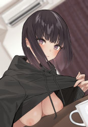 Rule 34 | 1girl, air conditioner, black hair, black hoodie, blunt bangs, blush, breast rest, breasts, breasts on table, brown eyes, closed mouth, clothes lift, commentary request, cup, curtains, drawstring, dutch angle, ear piercing, earrings, eyelashes, fingernails, flashing, hand up, highres, hood, hood down, hood pull, hoodie, hoodie lift, indoors, jewelry, leaning forward, lifted by self, long fingernails, long sleeves, looking at viewer, medium hair, mug, nail polish, nipples, no bra, original, piercing, pink nails, pulled by self, short hair, sitting, smile, solo, sutochan, table