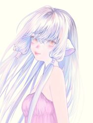Rule 34 | 1girl, bare shoulders, blackblackblack, blunt bangs, brown eyes, chii, chobits, closed mouth, floating hair, from side, hair between eyes, hair tubes, highres, light blush, light smile, long hair, looking at viewer, portrait, purple hair, robot ears, simple background, solo, upper body, very long hair, yellow background