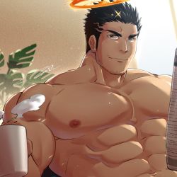 Rule 34 | 1boy, abs, bara, cup, facial hair, highres, holding, holding cup, large pectorals, looking at viewer, male focus, mature male, muscular, muscular male, navel, newspaper, nipples, pectorals, short hair, sideburns, smile, solo, stomach, stubble, tepen (tptptpn), tokyo houkago summoners, upper body, zabaniyya (housamo)