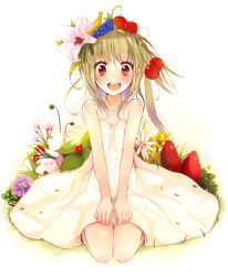 Rule 34 | 1girl, :d, apple, banana, bare shoulders, blush, bow, cherry, clenched hands, criss-cross halter, dress, flat chest, flower, food, food-themed hair ornament, fruit, grapes, green hair, hair flower, hair ornament, halterneck, hands on thighs, happy, heart, highres, lace, lace-trimmed dress, lace trim, leaf, long hair, looking at viewer, one side up, open mouth, original, red eyes, seiza, side ponytail, sitting, smile, solo, sundress, taicho128, thigh gap
