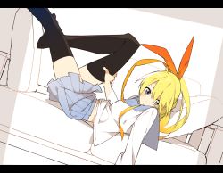 Rule 34 | 10s, 1girl, black thighhighs, blonde hair, couch, hair ribbon, hand on thigh, kirisaki chitoge, letterboxed, long hair, looking at viewer, lying, nisekoi, on back, onioohashi, ribbon, school uniform, skirt, solo, thighhighs