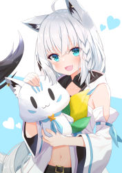 Rule 34 | 1girl, :3, :d, absurdres, ahoge, animal ear fluff, animal ears, blue eyes, blush, braid, collarbone, commentary request, detached sleeves, divergenceok, fox ears, fox girl, fox tail, hair between eyes, heart, highres, hololive, hood, hood down, long hair, long sleeves, looking at viewer, midriff, navel, open mouth, shirakami fubuki, shirakami fubuki (1st costume), shirt, simple background, single braid, smile, solid oval eyes, sukonbu (shirakami fubuki), tail, tail raised, two-tone background, upper body, very long hair, virtual youtuber, white hair, white shirt, wide sleeves