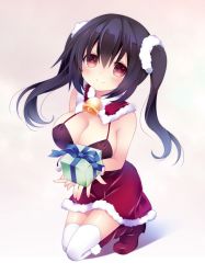 Rule 34 | 1girl, bad id, bad pixiv id, bell, black hair, blush, boots, breasts, cleavage, collar, detached collar, artistic error, gift, kanora, kneeling, large breasts, neck bell, original, red eyes, santa costume, solo, thighhighs, twintails, white thighhighs