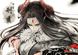 Rule 34 | 1girl, black hair, breasts, character name, cleavage, drenbof, fur trim, holding, holding weapon, horns, jewelry, lipstick, long hair, looking to the side, makeup, multicolored hair, necklace, pointy ears, simple background, solo, spot color, streaked hair, thunderbolt fantasy, weapon, white background, xing hai
