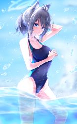 Rule 34 | 1girl, animal ear fluff, animal ears, black one-piece swimsuit, blue archive, blue eyes, competition swimsuit, cowboy shot, cross hair ornament, grey hair, hair ornament, halo, highres, medium hair, one-piece swimsuit, ruko (user zdfp4487), shiroko (blue archive), shiroko (swimsuit) (blue archive), soaking feet, solo, standing, swimsuit, wading, water, water drop