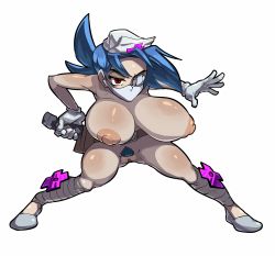 Rule 34 | bouncing breasts, breasts, decensored, fighting stance, hanging breasts, highres, huge breasts, mask, nipples, nude, pubic hair, pussy, sagging breasts, skullgirls, bouncing breasts, third-party edit, valentine (skullgirls), weapon