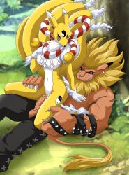 Rule 34 | digimon, digimon (creature), digimon tamers, furry, furry female, furry male, highres, kyubimon, leomon, outdoors, reverse cowgirl position, sex, sex from behind, straddling