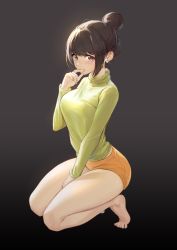 Rule 34 | 1girl, absurdres, bare legs, barefoot, between legs, breasts, earrings, finger to mouth, from side, full body, green sweater, hair bun, hand between legs, highres, jewelry, kaenbyou rin, large breasts, light blush, long sleeves, looking at viewer, orange shorts, original, purple eyes, saw272, seiza, short shorts, shorts, sidelocks, simple background, sitting, sweater, thick thighs, thighs, toes, turtleneck, turtleneck sweater