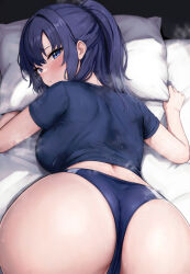 Rule 34 | 1girl, :/, absurdres, all fours, ass, ass focus, blue archive, blue buruma, blue eyes, blue hair, blue shirt, blush, breasts, buruma, cameltoe, closed mouth, from above, from behind, head on pillow, highres, large breasts, looking at viewer, looking back, mochitsuki karen, partially visible vulva, pillow, pillow grab, shirt, solo, star sticker, steaming body, sticker on face, sweat, sweaty clothes, t-shirt, top-down bottom-up, wet, yuuka (blue archive), yuuka (track) (blue archive)
