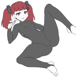 Rule 34 | 1girl, bodysuit, candy, console-tan, feet, female focus, flat color, food, jadf, lollipop, lying, monochrome, nintendo, nintendo switch, on back, open mouth, red eyes, red hair, simple background, solo, spot color, spread legs, switch-tan, toeless legwear, toes, white background