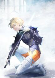 Rule 34 | 1boy, ahoge, armor, blonde hair, closed mouth, cofffee, final fantasy, final fantasy tactics, full body, gloves, holding, holding sword, holding weapon, male focus, ramza beoulve, revision, short hair, solo, sword, weapon, yellow eyes