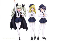 Rule 34 | 10s, 3girls, :d, ;d, absurdres, anchovy (girls und panzer), anzio school uniform, arm behind back, arm up, belt, black cape, black footwear, black hair, black neckwear, black ribbon, blonde hair, blue hat, blue skirt, braid, cape, carpaccio (girls und panzer), copyright name, floating hair, full body, girls und panzer, green eyes, grin, hair between eyes, hair ribbon, hat, highres, leg up, long hair, looking at viewer, miniskirt, multiple girls, necktie, official art, one eye closed, open mouth, own hands clasped, own hands together, page number, pantyhose, pepperoni (girls und panzer), pleated skirt, red eyes, ribbon, school uniform, shirt, short hair with long locks, sidelocks, silver hair, simple background, single braid, skirt, smile, standing, standing on one leg, twintails, white background, white legwear, white shirt, yoshida nobuyoshi