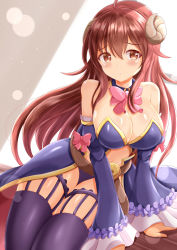 Rule 34 | 1girl, ahoge, black thighhighs, blue collar, blue sleeves, blush, bow, breasts, brown eyes, brown hair, cleavage, closed mouth, collar, commentary request, curled horns, demon horns, detached collar, detached sleeves, highres, horns, juliet sleeves, large breasts, long hair, long sleeves, looking at viewer, machikado mazoku, navel, pink bow, puffy sleeves, sleeves past wrists, solo, thighhighs, very long hair, wide sleeves, wing collar, xenon (for achieve), yoshida yuuko (machikado mazoku)