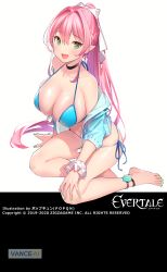 Rule 34 | 1girl, :d, anklet, bare shoulders, barefoot, bikini, blue bikini, blush, breasts, choker, cleavage, copyright name, earrings, evertale, green eyes, hair ribbon, hand on own knee, highres, jacket, jewelry, large breasts, long hair, looking at viewer, nail polish, off shoulder, official art, open clothes, open jacket, open mouth, pink hair, pointy ears, ponytail, popqn, resolution mismatch, revealing clothes, ribbon, scrunchie, shiny skin, side-tie bikini bottom, sidelocks, simple background, sitting, smile, solo, source smaller, swimsuit, toenail polish, toenails, very long hair, white background, wrist scrunchie, yokozuwari