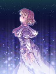 Rule 34 | 1girl, alice margatroid, belt, blonde hair, blue dress, capelet, ascot, dress, female focus, from side, glowing, hairband, highres, long sleeves, lzh, night, parted lips, profile, short hair, solo, standing, star (symbol), starry background, touhou