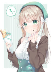 Rule 34 | !, 1girl, absurdres, blush, bow, brown sweater, commentary request, crepe, dress, eyes visible through hair, food, green eyes, hair bow, highres, holding, holding food, kmr 7m, light brown hair, long hair, long sleeves, looking at viewer, low twintails, original, sleeveless, sleeveless dress, solo, sweater, tongue, tongue out, twintails, upper body, white bow