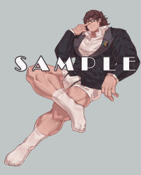 Rule 34 | 1boy, absurdres, bara, black suit, brown hair, bulge, commission, fate/grand order, fate (series), formal, full body, glasses, grey background, guoguo, highres, male focus, muscular, no pants, orion (bear) (fate), sample watermark, shirt, short hair, shorts, smile, socks, solo, suit, super orion (fate), thick eyebrows, thick thighs, thighs, watermark, white shirt