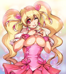 Rule 34 | 00s, 1girl, blonde hair, bow, breasts, breasts out, cure peach, fresh precure!, hair ornament, heart, heart hair ornament, heart hands, hisahiko, large breasts, long hair, looking at viewer, magical girl, momozono love, one eye closed, pink bow, pink eyes, precure, revision, smile, solo, twintails