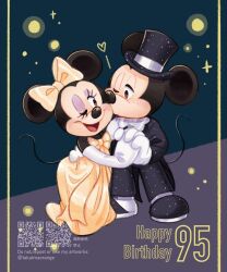 Rule 34 | 1boy, 1girl, anniversary, artist name, bow, bowtie, commentary request, detached sleeves, disney, dress, english text, eyeshadow, full body, hair bow, hat, hetero, highres, makeup, mickey mouse, minnie mouse, mouse boy, mouse girl, one eye closed, purple eyeshadow, qr code, sky, star (sky), starry sky, takatmaorange, top hat