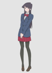 Rule 34 | 1girl, black pantyhose, blazer, blue jacket, blush, bow, bowtie, brown eyes, brown footwear, brown hair, buttons, closed mouth, commentary request, diagonal-striped clothes, diagonal-striped skirt, from side, highres, jacket, komi-san wa komyushou desu, komi shouko, loafers, long hair, looking at viewer, own hands together, pantyhose, pigeon-toed, pleated blazer, pleated skirt, pocket, red skirt, school uniform, serafuku, shirt, shoes, sidelocks, simple background, skirt, solo, standing, striped clothes, takita (takita3411), v arms, white background, white shirt