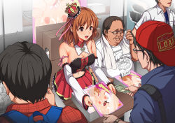 Rule 34 | 1girl, 4boys, banknote, bare shoulders, black eyes, box, breasts, brown hair, cleavage, clenched teeth, collared shirt, convention, cosplay, crown, detached collar, detached sleeves, doujin (object), fat, fat man, glasses, happy, hat, highres, holding, indoors, jall boint, large breasts, looking at another, manga (object), medium breasts, midriff, mini crown, money, multicolored clothes, multicolored skirt, multiple boys, navel, open mouth, original, otaku, over shoulder, pleated skirt, pornography, price, public indecency, shirt, short hair, sitting, skirt, smile, standing, strapless, strapless shirt, sweat, teeth, towel