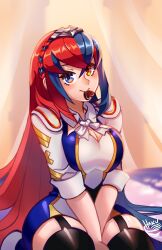 Rule 34 | 1girl, adapted costume, alear (female) (fire emblem), alear (fire emblem), blue eyes, blue hair, braid, breasts, crossed bangs, crown braid, fire emblem, fire emblem engage, hakuramen, heterochromia, highres, large breasts, long hair, looking at viewer, multicolored hair, nintendo, official alternate costume, red eyes, red hair, revision, romper, smile, solo, split-color hair, thick thighs, thighs, tiara, two-tone hair, very long hair