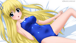 Rule 34 | 1girl, absurdres, blonde hair, blue one-piece swimsuit, breasts, cameltoe, chestnut mouth, cleft of venus, competition school swimsuit, covered navel, highres, long hair, looking at viewer, lying, medium breasts, navel, one-piece swimsuit, original, school swimsuit, skin tight, solo, sugimura tomokazu, swimsuit, two side up