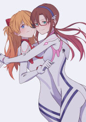 Rule 34 | 2girls, absurdres, ass, blue eyes, blush, bodysuit, breasts, brown hair, closed mouth, commentary request, evangelion: 3.0+1.0 thrice upon a time, eyepatch, glasses, green eyes, hair ornament, hairband, highres, interface headset, ka ki o, long hair, looking at viewer, makinami mari illustrious, medium breasts, multicolored bodysuit, multicolored clothes, multiple girls, neon genesis evangelion, official alternate costume, orange hair, pilot suit, plugsuit, rebuild of evangelion, red-framed eyewear, simple background, smile, souryuu asuka langley, twintails, white background, white bodysuit, yuri