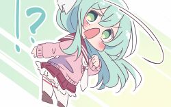 Rule 34 | !?, 1girl, assault lily, blush, bow, brown cardigan, brown footwear, brown sailor collar, cardigan, chibi, commentary request, floating hair, frilled skirt, frills, from behind, gradient background, green background, green eyes, green hair, hair between eyes, hair bow, hand up, highres, honkawa works, kanba girls high school uniform, long hair, long sleeves, looking at viewer, looking back, miniskirt, motion lines, necktie, no pupils, open mouth, red skirt, sailor collar, school uniform, serafuku, shoes, sidelocks, skirt, solo, standing, thighhighs, toki kureha, turning head, v-shaped eyebrows, very long hair, white background, white bow, white necktie, white thighhighs, yellow background