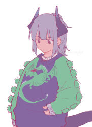 Rule 34 | 1girl, alternate costume, animal costume, arknights, blunt bangs, closed mouth, dragon costume, dragon girl, dragon horns, dragon tail, expressionless, green sweater, grey hair, grey horns, haruichi (sazanami complex), hatching (texture), horns, linear hatching, liskarm (arknights), long sleeves, looking down, medium hair, no nose, pink eyes, puffy long sleeves, puffy sleeves, purple horns, purple sweater, purple tail, simple background, sleeves past wrists, solo, sweater, tail, twitter username, unfinished, upper body, watermark, white background
